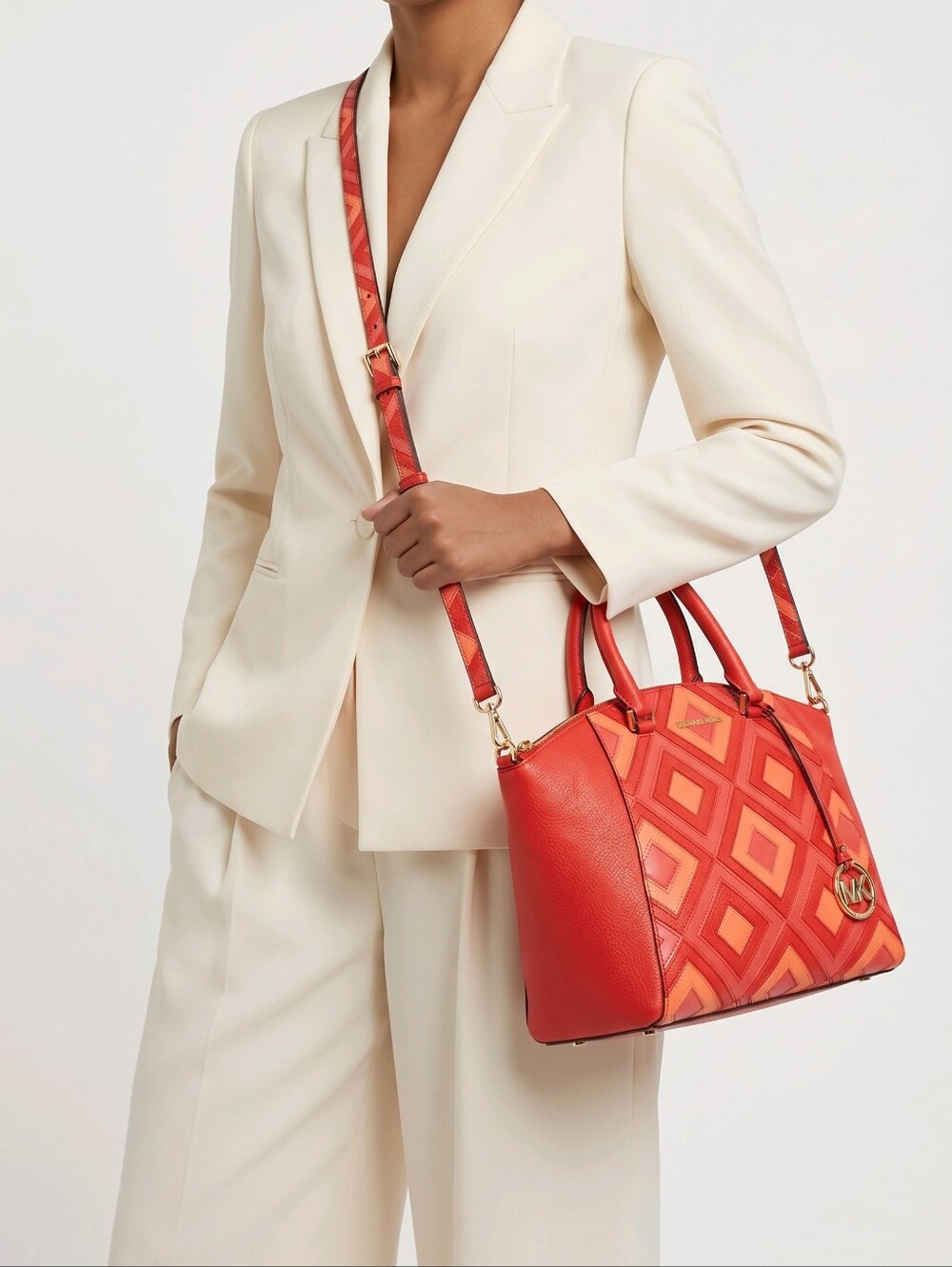 HTF MICHAEL KORS SELMA ORANGE/RED/PINK DIAMOND PATCHWORK SATCHEL